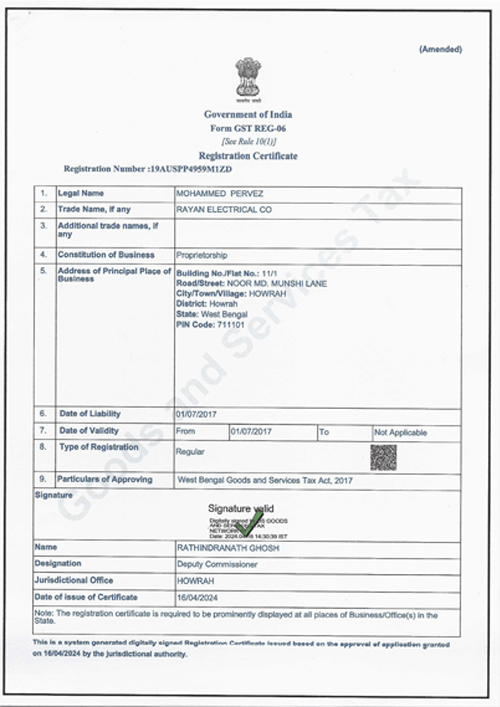 Rayan Electrical Co GST registration certificate
